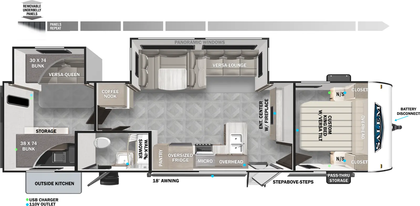 The 32BHDS has two slideouts and two entries. Exterior features include an outside kitchen, 18 foot awning, battery disconnect, step above front entry steps, front pass-thru storage, and removable underbelly panels. Interior layout front to back: custom versa-tilt king bed with night stands and closets on each side and overhead cabinet; entertainment center with fireplace along inner wall; off-door side slideout with versa lounge/u-dinette, and panoramic windows; door side entry, peninsula kitchen counter with sink, overhead cabinet, microwave, oversized refrigerator and pantry; off-door side coffee nook; door side full bathroom with walk-in shower and second entry; rear bunk room with off-door side slideout with bunk above and versa queen below, and door side bunk with storage below.